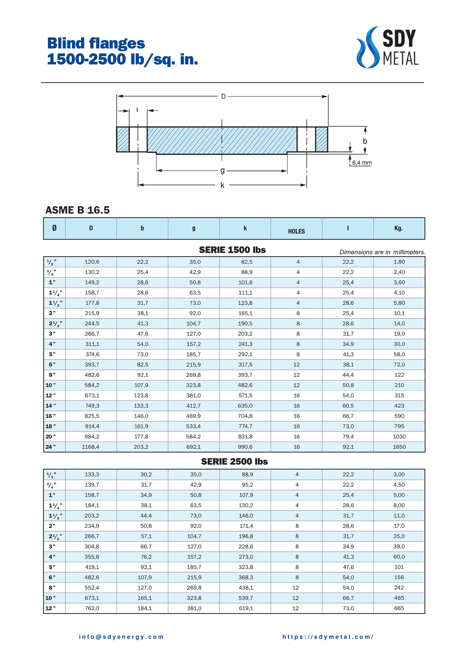 1500 LB Kör Flanş ASME B16.5 teknik dokümanı