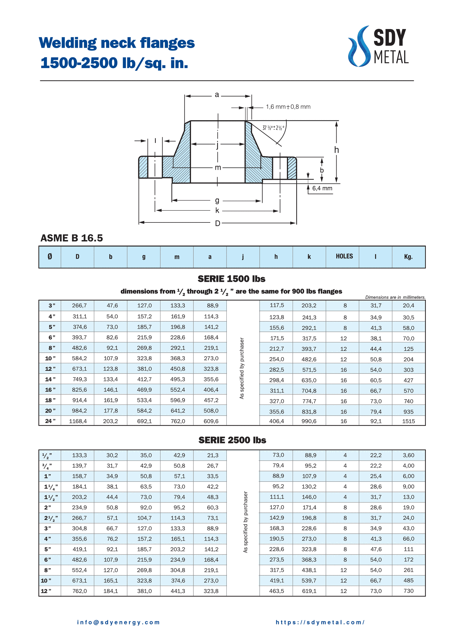 2500 LB Welding Neck Flanş ASME B16.5 teknik dokümanı