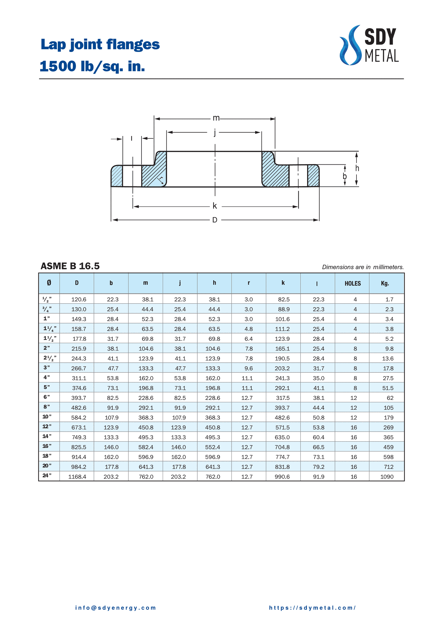 1500 LB Lap Joint Flanş ASME B16.5 teknik dokümanı