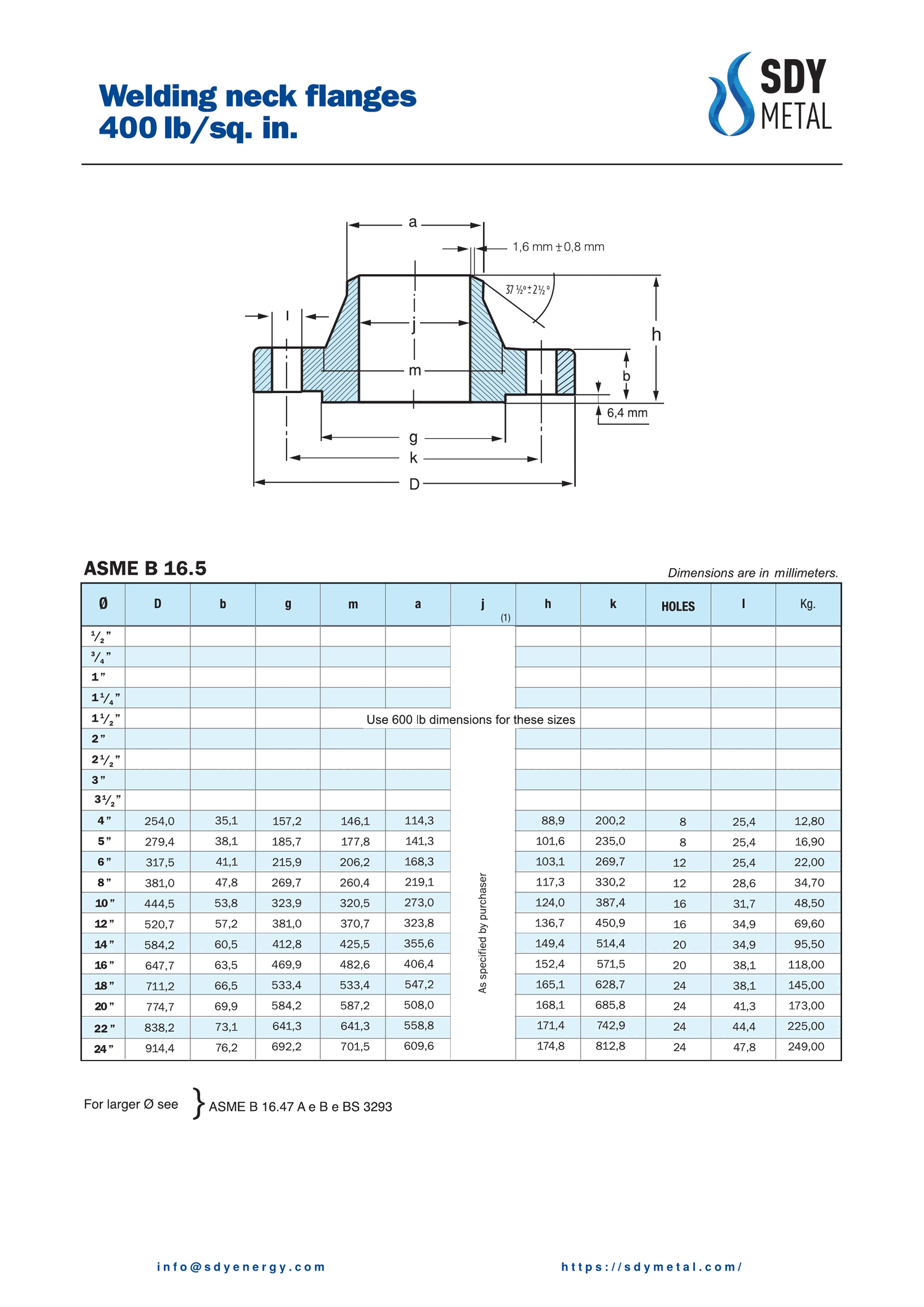 400 LB Welding Neck Flanş ASME B16.5 teknik dokümanı