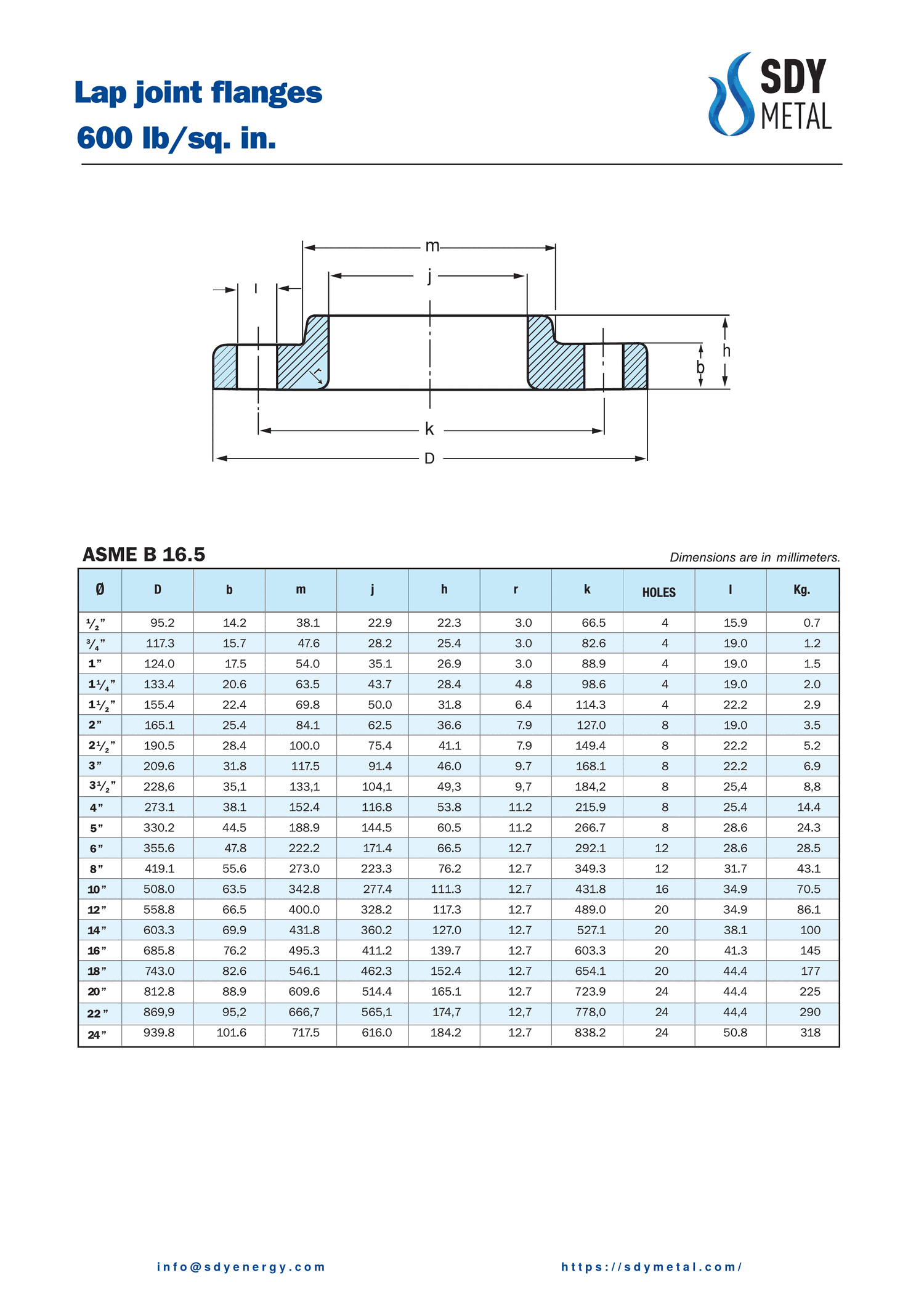 600 LB Lap Joint Flanş ASME B16.5 teknik dokümanı