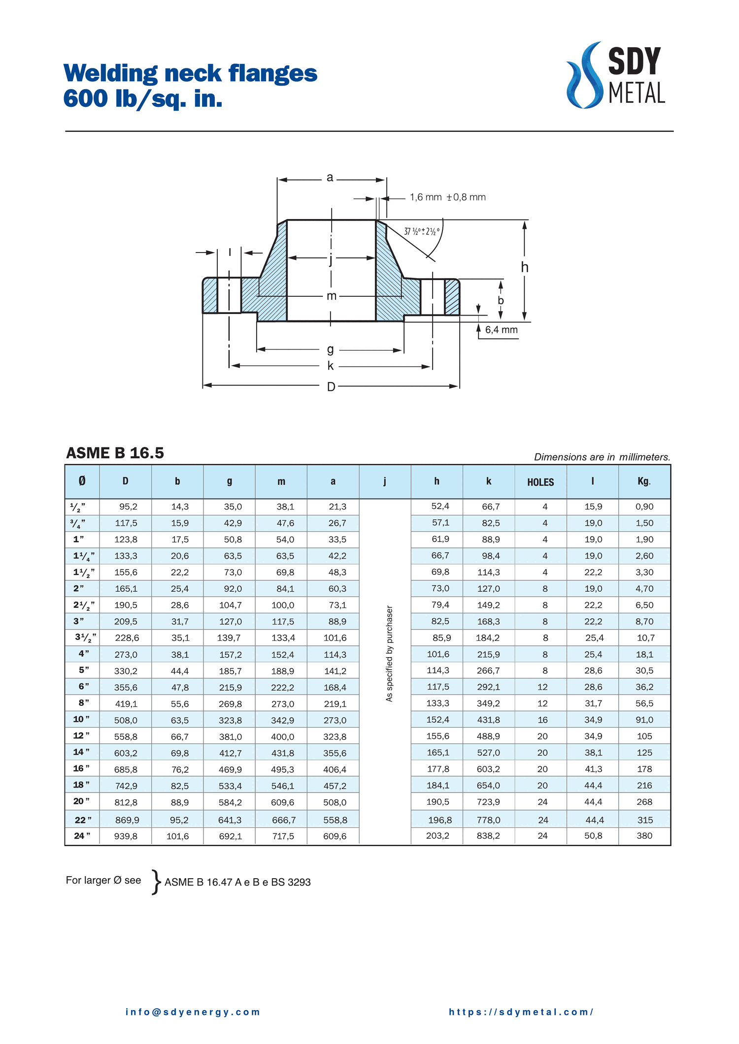 600 LB Welding Neck Flanş ASME B16.5 teknik dokümanı