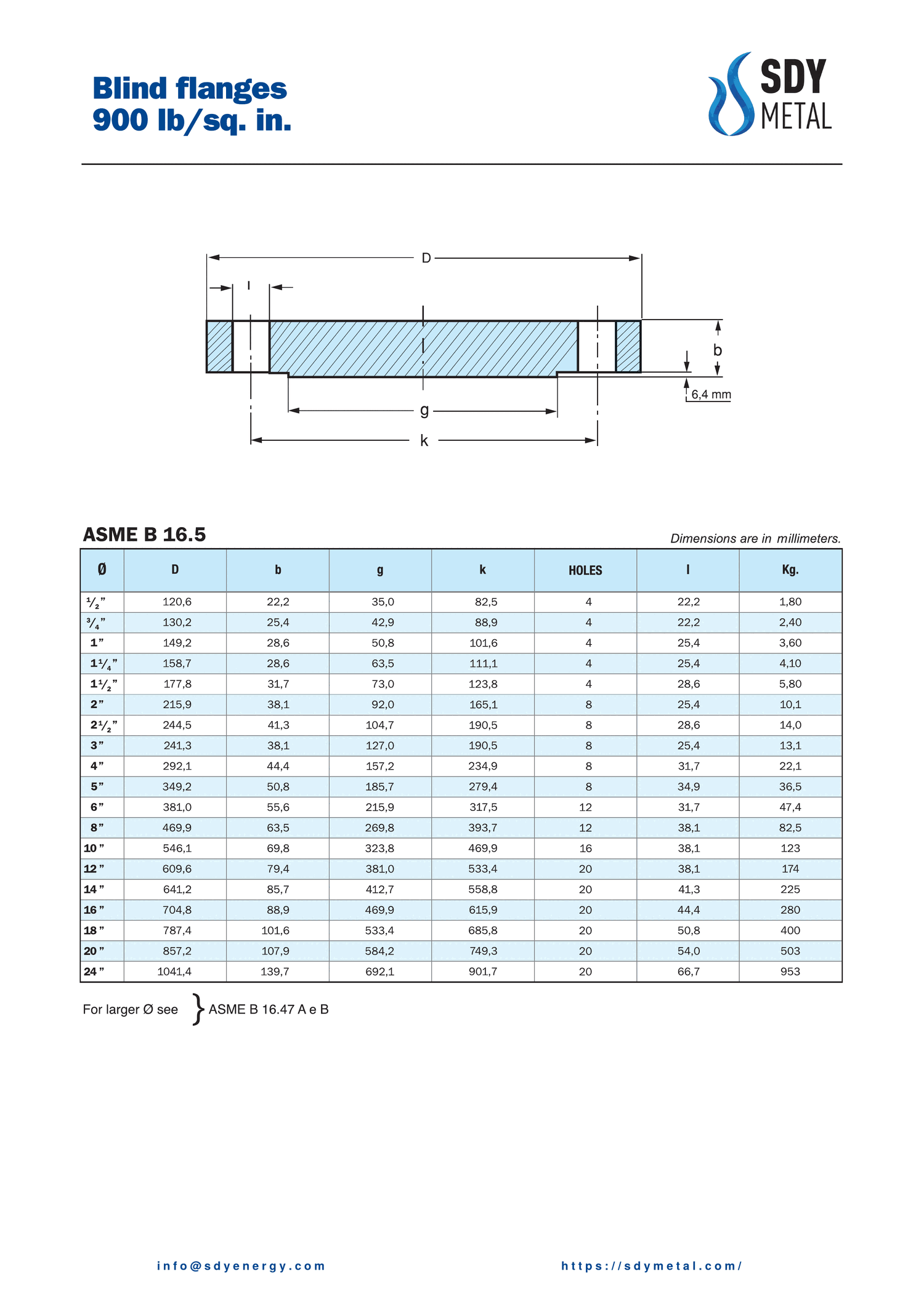 900 LB Kör Flanş ASME B16.5 teknik dokümanı