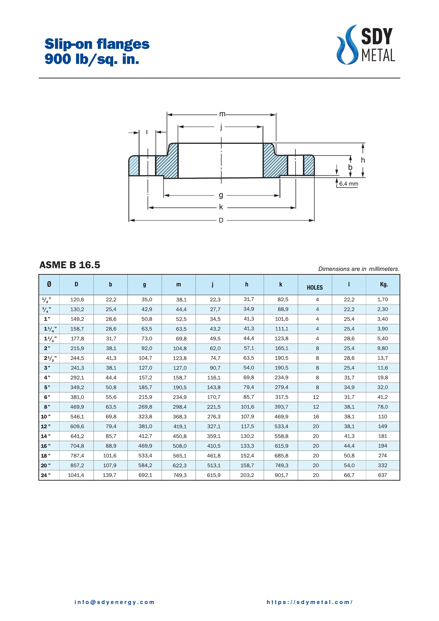 900 LB Slip On Flanş ASME B16.5 teknik dokümanı