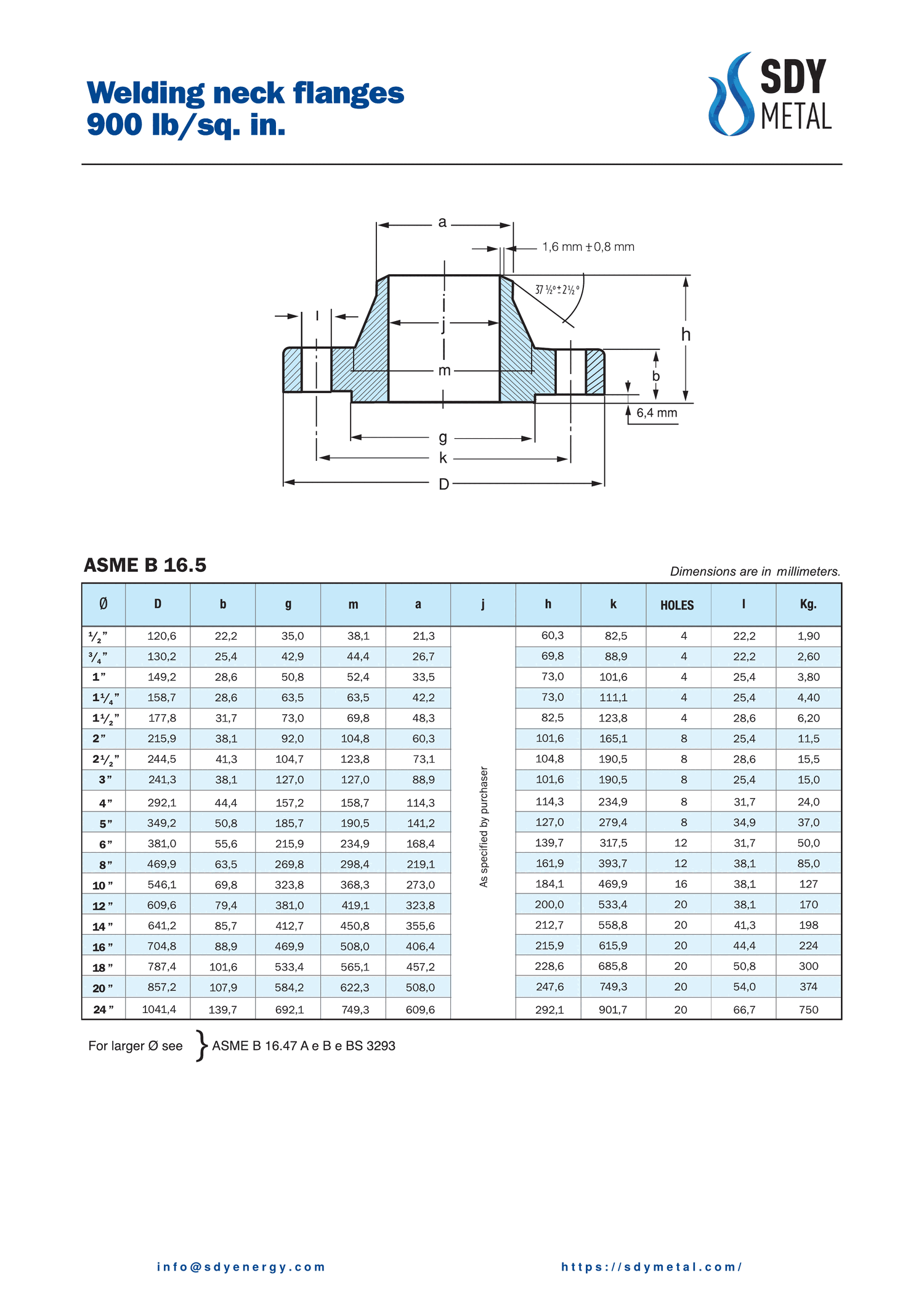 900 LB Welding Neck Flanş ASME B16.5 teknik dokümanı