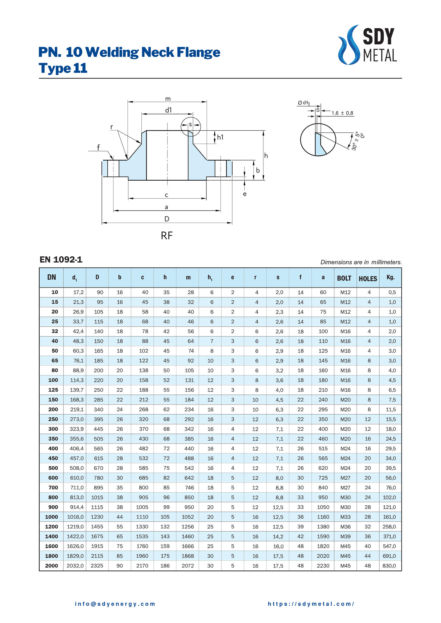 PN 10 Kaynaklı Boyunlu Flanş EN 1092-1/11 teknik dokümanı
