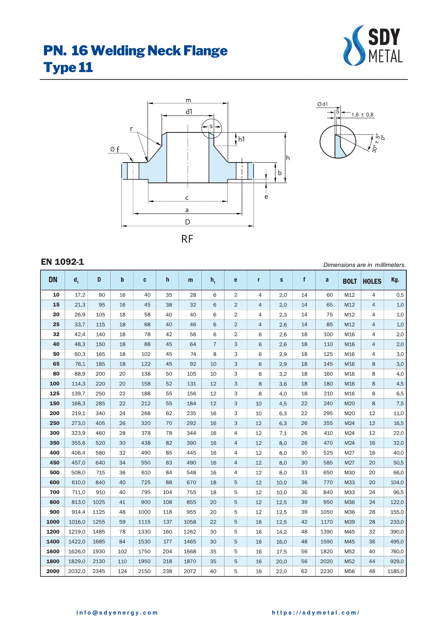 PN 16 Welding Neck Flange EN 1092-1/11 teknik dokümanı