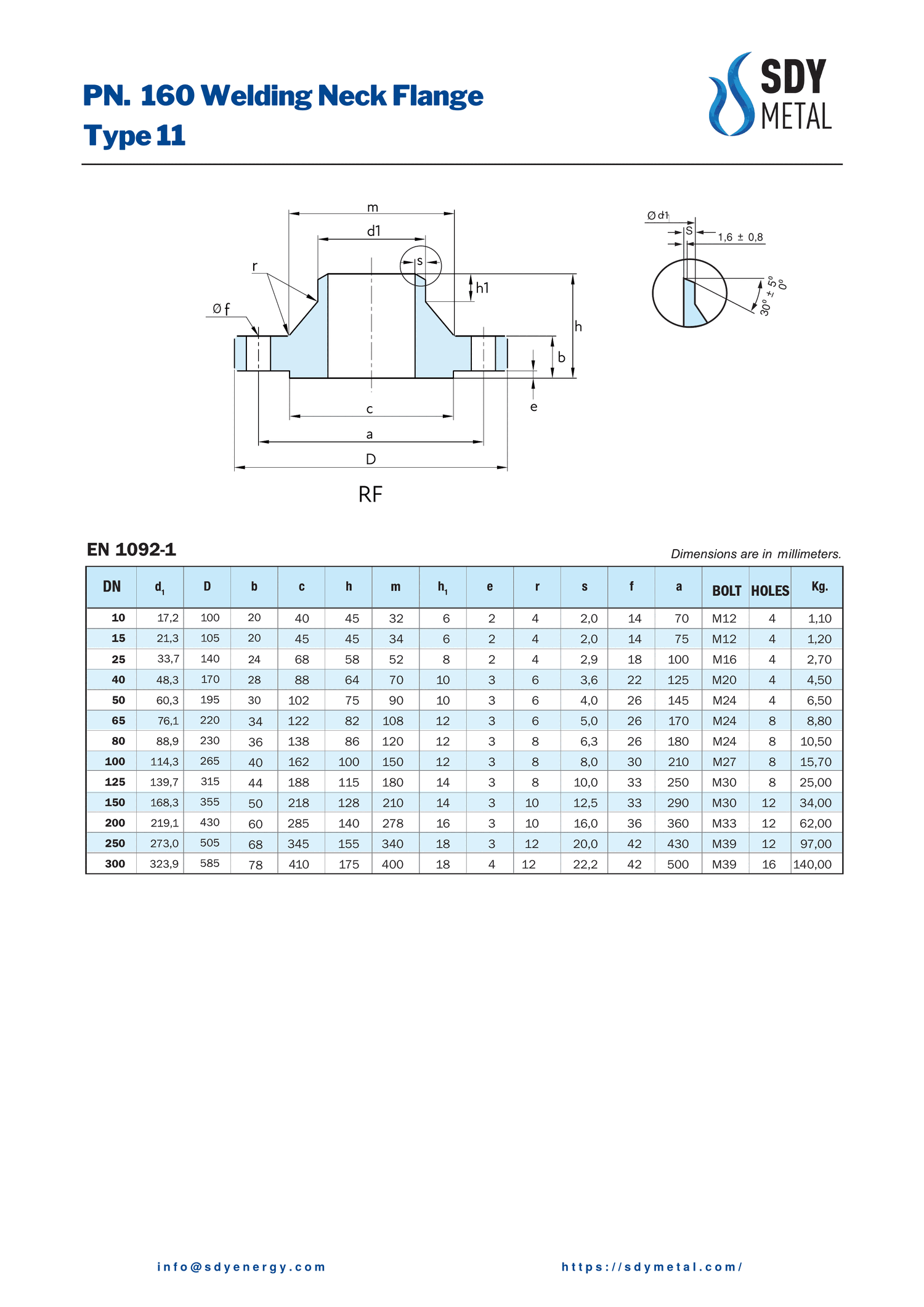 PN 160 Kaynaklı Boyunlu Flanş EN 1092-1/11 teknik dokümanı