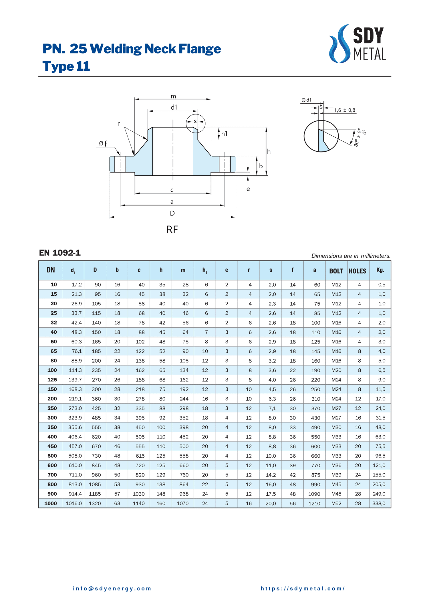 PN 25 Kaynaklı Boyunlu Flanş EN 1092-1/11 teknik dokümanı