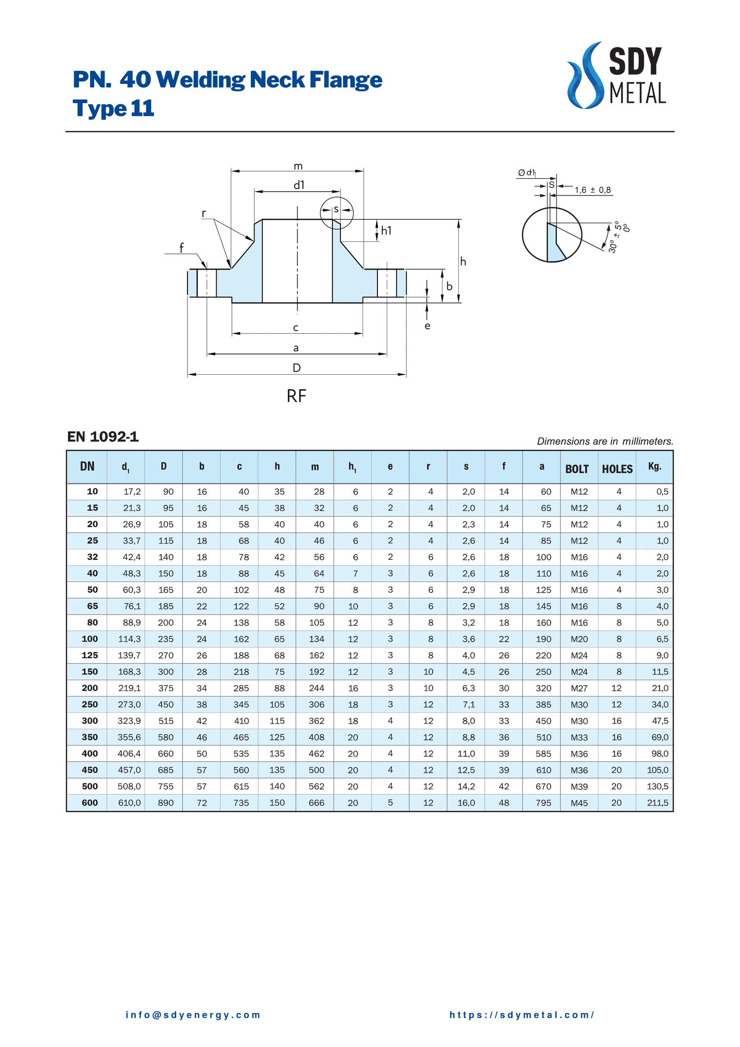 PN 40 Kaynaklı Boyunlu Flanş EN 1092-1/11 teknik dokümanı