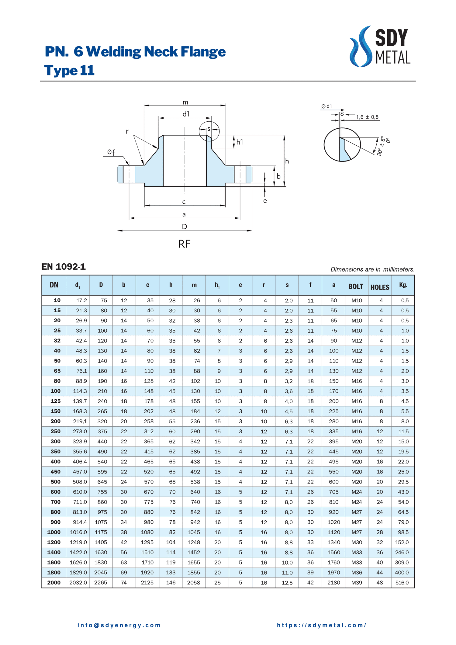 PN 6 Kaynaklı Boyunlu Flanş EN 1092-1/11 teknik dokümanı