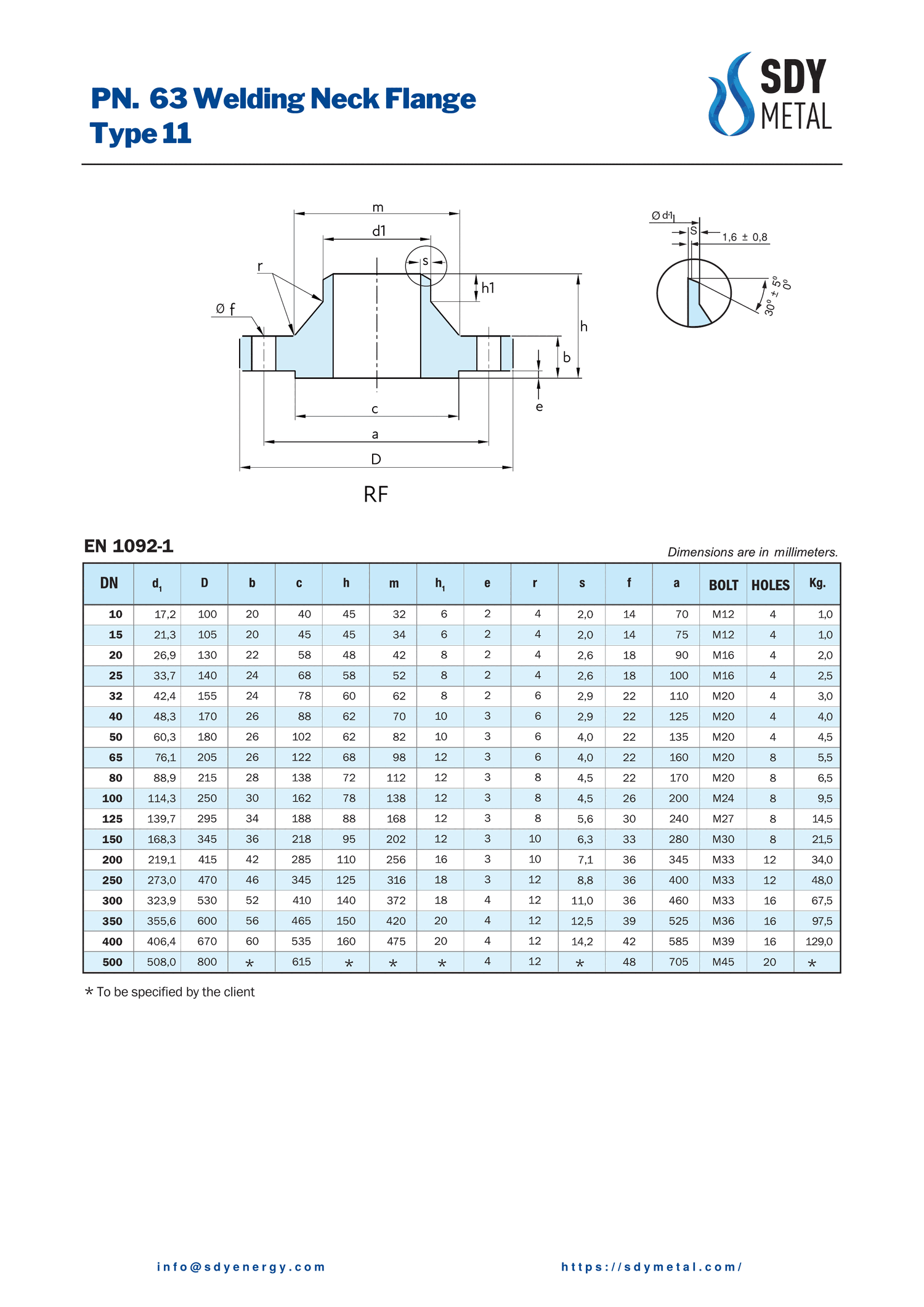 PN 63 Kaynaklı Boyunlu Flanş EN 1092-1/11 teknik dokümanı